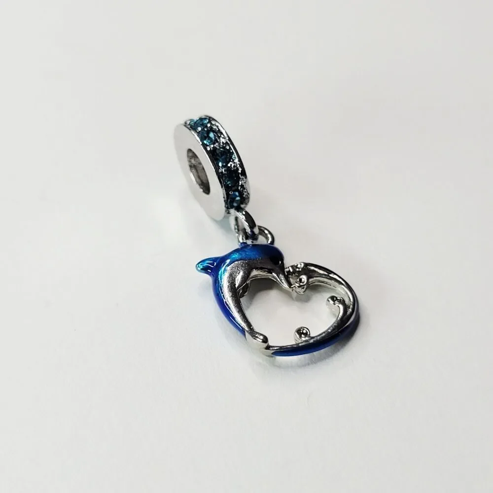 NWT For Pandora Charm Bracelets Silver And Blue Rhinestones Dolphin Heart Dangle
